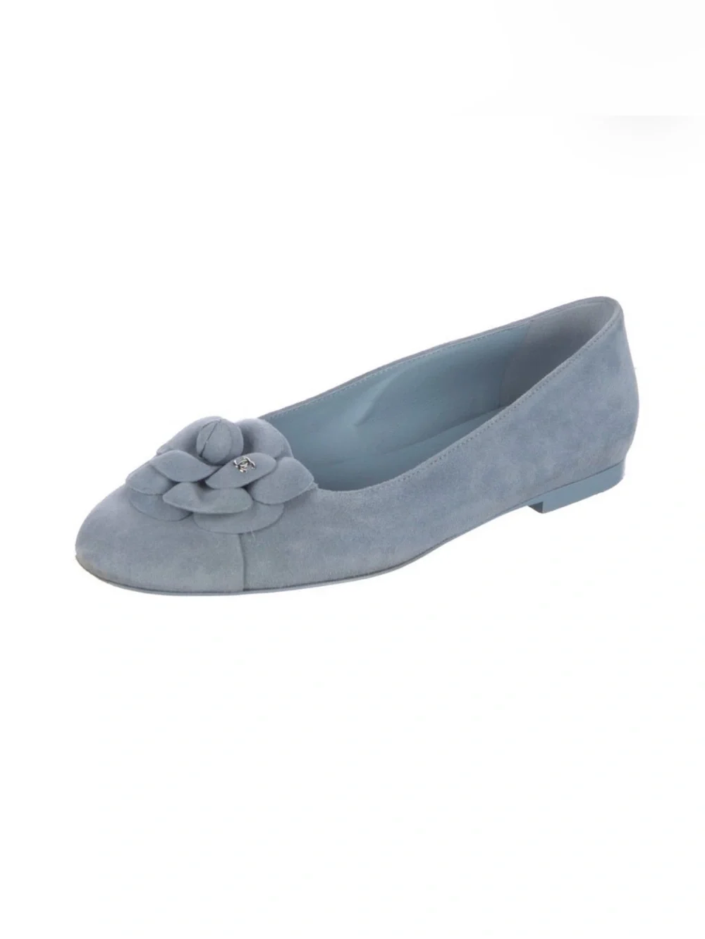 CHANEL Blue Suede Camellia Flats